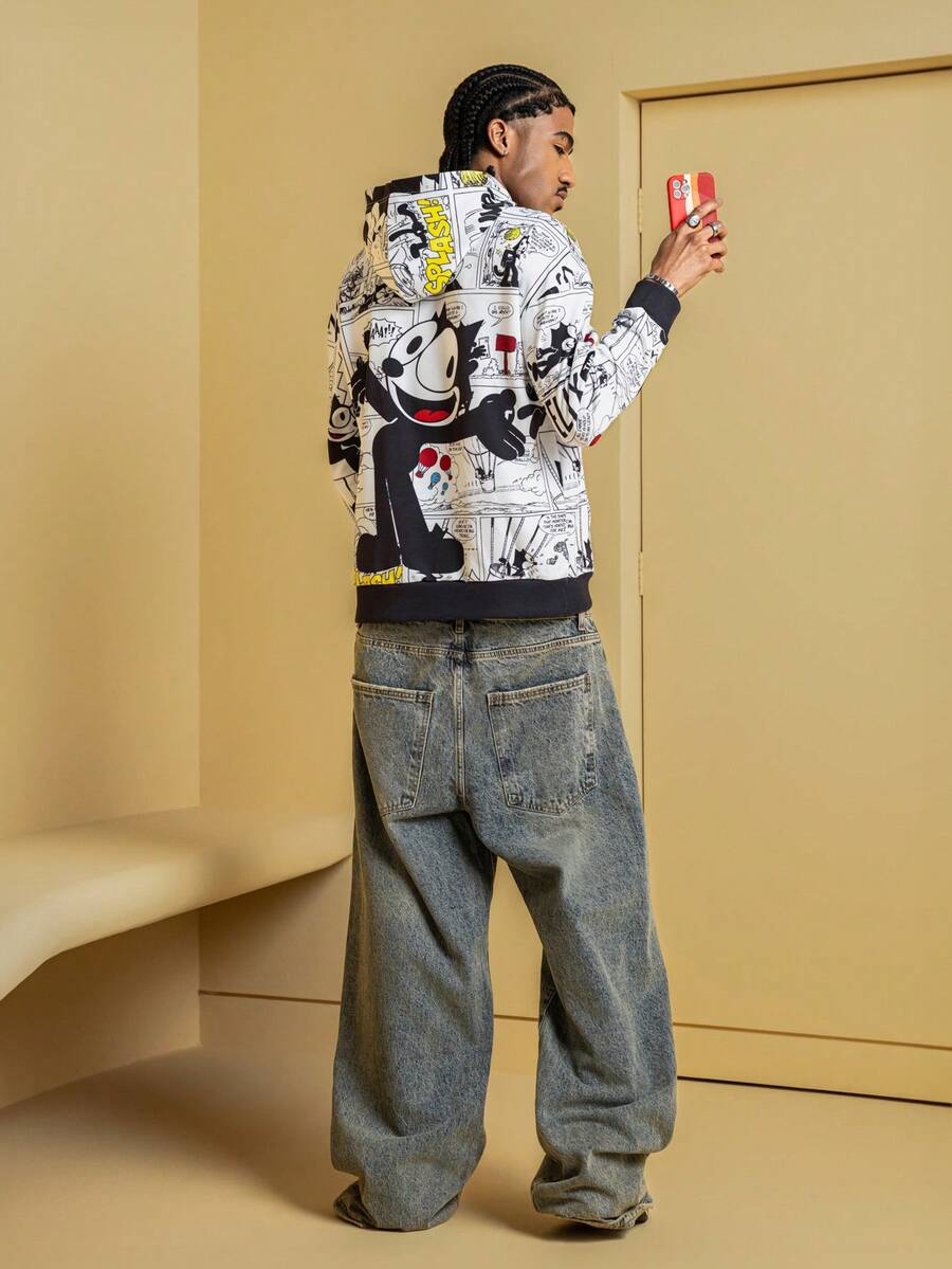 Felix The Cat X SHEIN Men's Casual Pop Art Print Loose Fit Drop Shoulder Hooded Sweatshirt, Fashionable Street Style For Daily Commute, Spring/Autumn - White - View 1