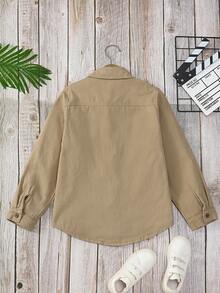 SHEIN 男童单排扣休闲口袋牛仔衬衫，长袖 - 卡其色 - 查看 2