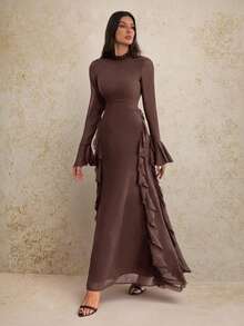 SHEIN Tall 女士优雅咖啡棕色长袖高领荷叶边连衣裙，适合约会、派对、正式场合、秋冬季穿着。 - 咖啡棕 - 查看 6