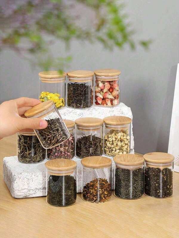 2/4/6/8Pcs Glass Storage Jar, Food Storage Container With Sealed Bamboo Lid, Portable Transparent Jar For Tea, Coffee Beans, Sugar, Candies,Spices, Home Kitchen Supplies, Glass Bottle