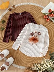 SHEIN Girls' Casual Loose Fit Solid Color Round Neck Long Sleeve T-Shirt, Comfortable And Fashionable, Suitable For Travel, Spring/Autumn - Multicolor - View 3