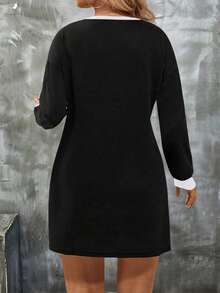 EMERY ROSE Women's Autumn/Winter New Contrast Color Trim Casual Versatile Plus Size Dress - Black - View 2