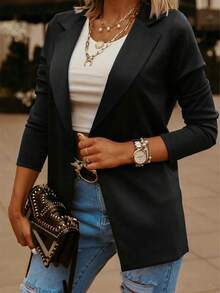 Traje de chaqueta para mujer, estilo informal de negocios, con abertura frontal, ideal para la oficina, color liso. - Negro - Ver 5