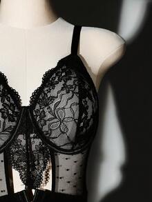 SHEIN 1件加大码性感蕾丝撞色网纱连体衣内衣 - 黑色 - 查看 6