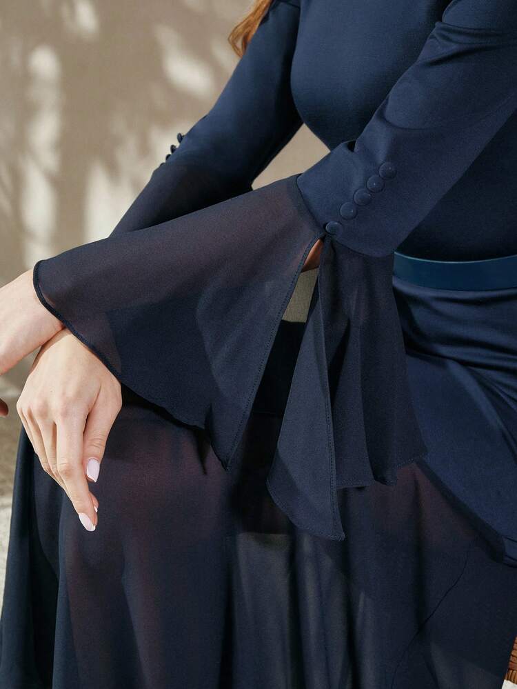 Women's Elegant Crew Neck Skin-Friendly Fitted Chiffon Patchwork Dress