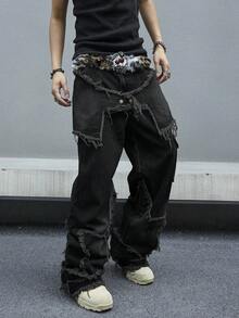 Manfinity EMRG 男士休闲宽松破洞牛仔裤 - 黑色 - 查看 5