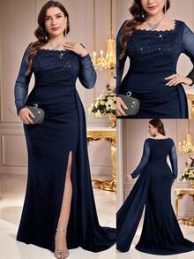 Coutiva Plus Size Women's Contrast Lace Square Collar Long Sleeve Ruffle Heavy Embroidery Navy Blue Elegant Formal Evening Gown,Spring Prom Wedding Dress - Navy Blue - View 1