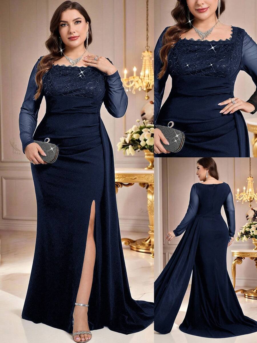 Coutiva Plus Size Women's Contrast Lace Square Collar Long Sleeve Ruffle Heavy Embroidery Navy Blue Elegant Formal Evening Gown,Spring Prom Wedding Dress - Navy Blue - View 1