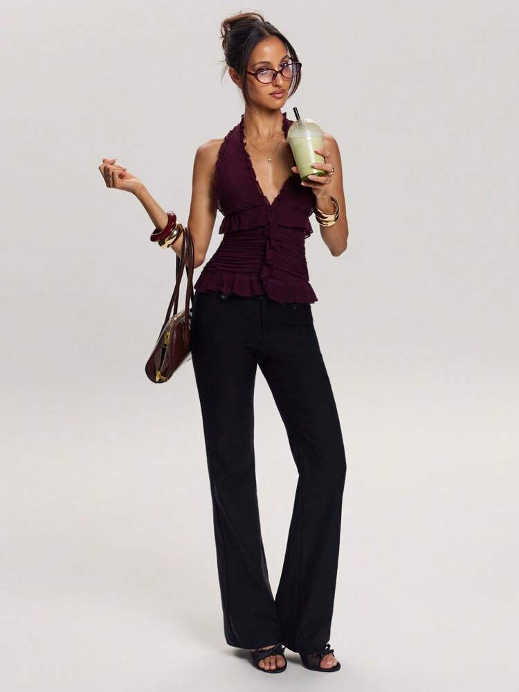 SHEIN BAE 优雅性感荷叶边露背吊带上衣，夏季 - 紫色 - 查看 6