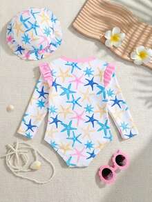 Đồ bơi dài tay họa tiết sao biển có khóa kéo viền bèo nhún cho bé gái - Nhiều màu - Xem 2