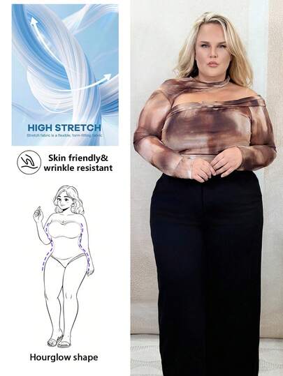 Hourglow Dollyholly86 Plus Size Women's Elegant Summer Tie-Dye Printed Asymmetric Collar Pleated Slim Fit Bodysuit, Ombre Brown Bodysuit, Asymmetric Bodysuit, Suitable For Romantic Dates, Parties, Nights Out, Wedding Guest Dresses, Daily Wear, Valentine's Day, Graduation, Weddings, Easter,Beach Outfits For Woman/Beach,Spring Break Outfits, Summer/Summer Outfits For Women,Spring Break Outfits,Easter Dress Women,Concert Outfit Women,Plus Size Sexy, For Hourglass Body Shape