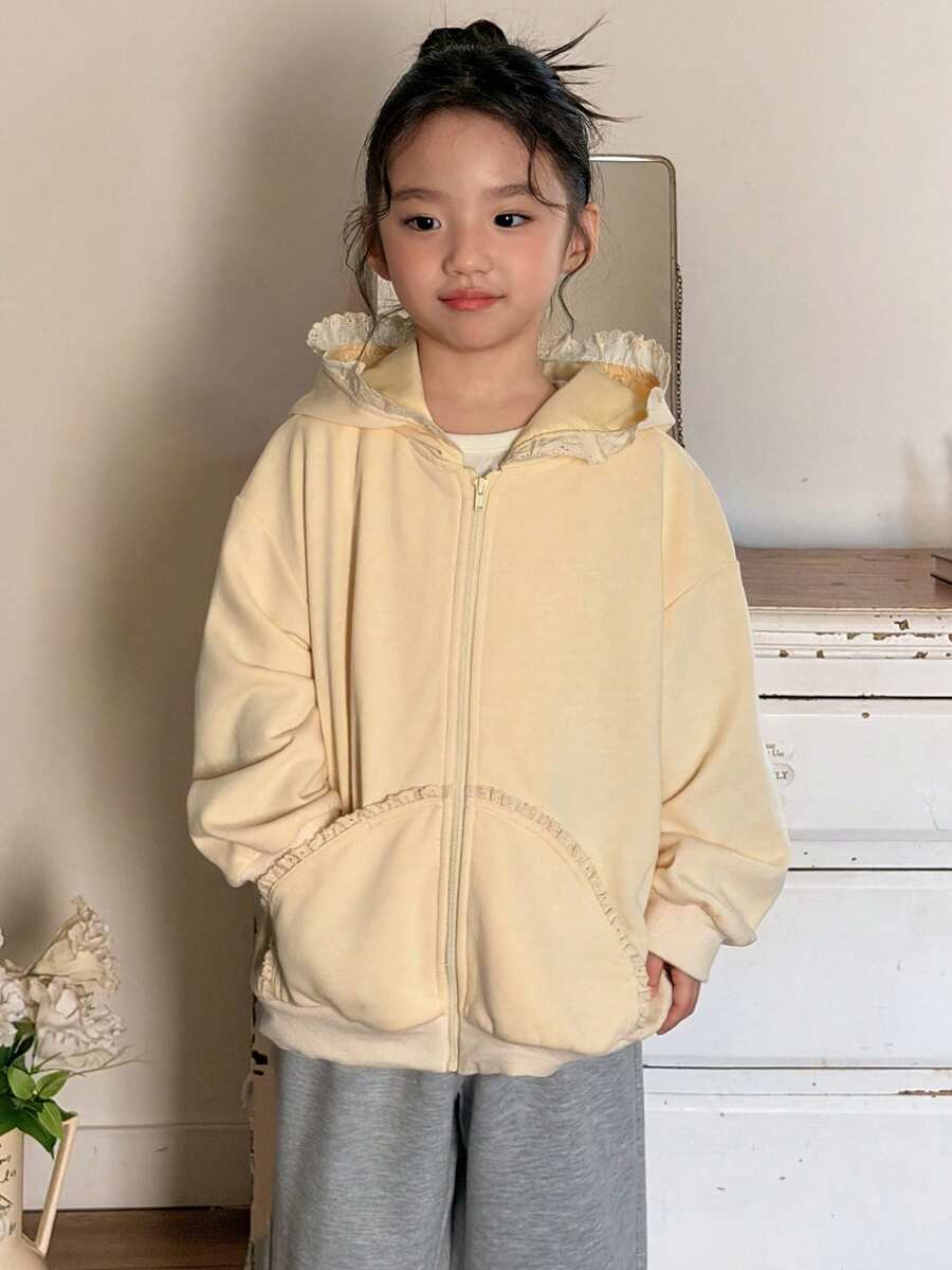 DAZY 女童连帽蕾丝边拼接口袋长袖外套，秋冬款 - 杏色 - 查看 1