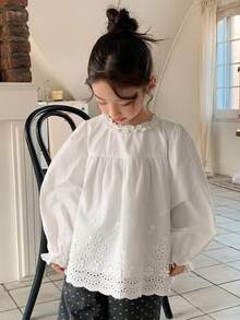 DAZY Young Girl' Cute Ruffle Trim Long Sleeve Blouse, Spring/Summer - White - View 1