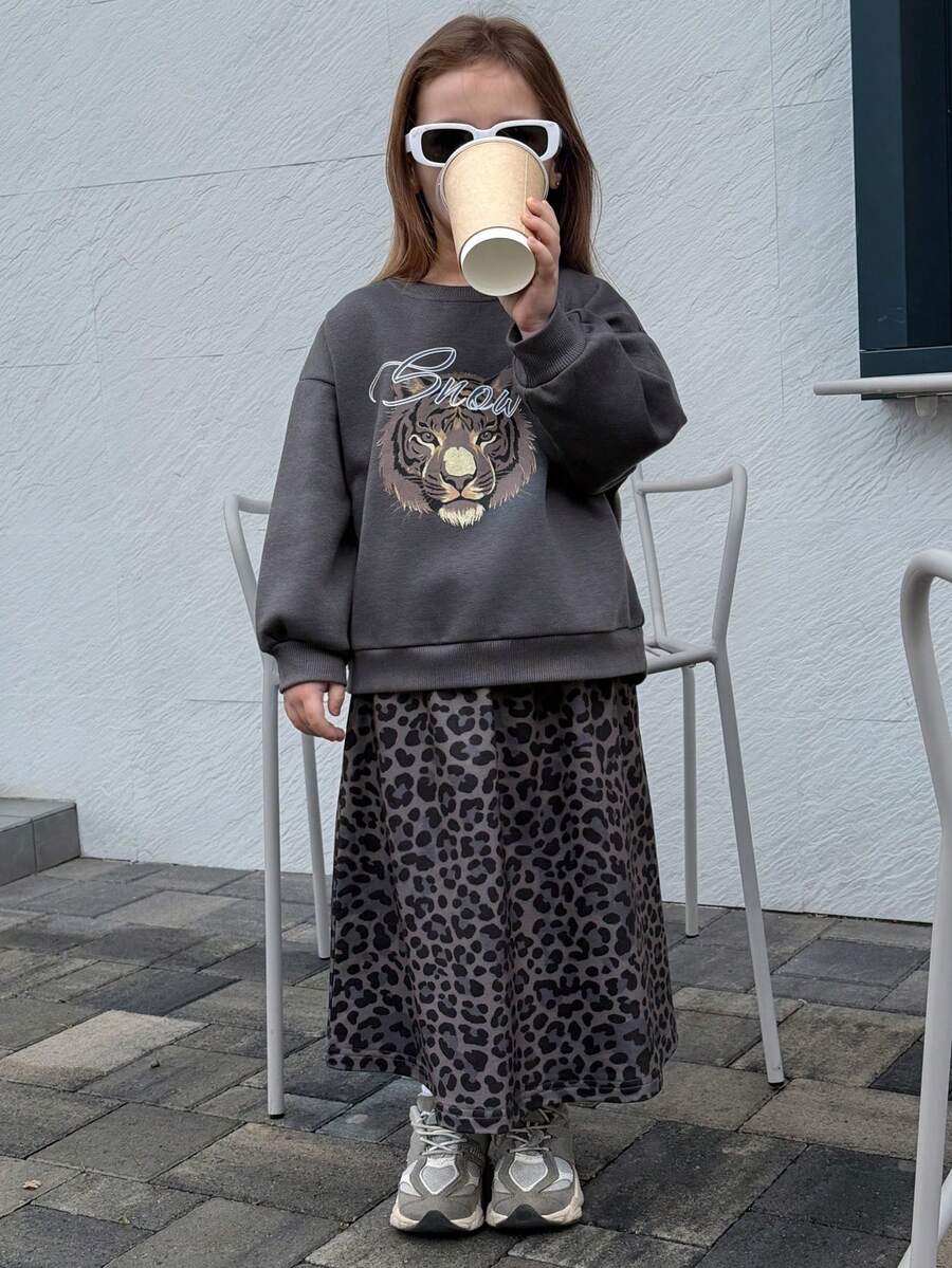 女童圆领字母印花保暖长袖卫衣套装 - 深灰色 - 查看 1