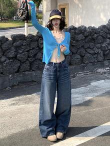 DAZY 女士带口袋纽扣休闲百搭通勤喇叭牛仔裤 - 藍色 - 查看 7