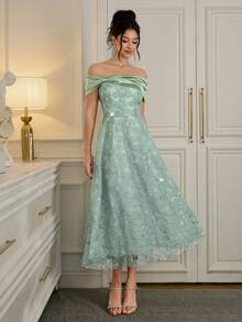 Poshira Women's Off-Shoulder Ruched Jacquard Sparkly Elegant Formal Gown