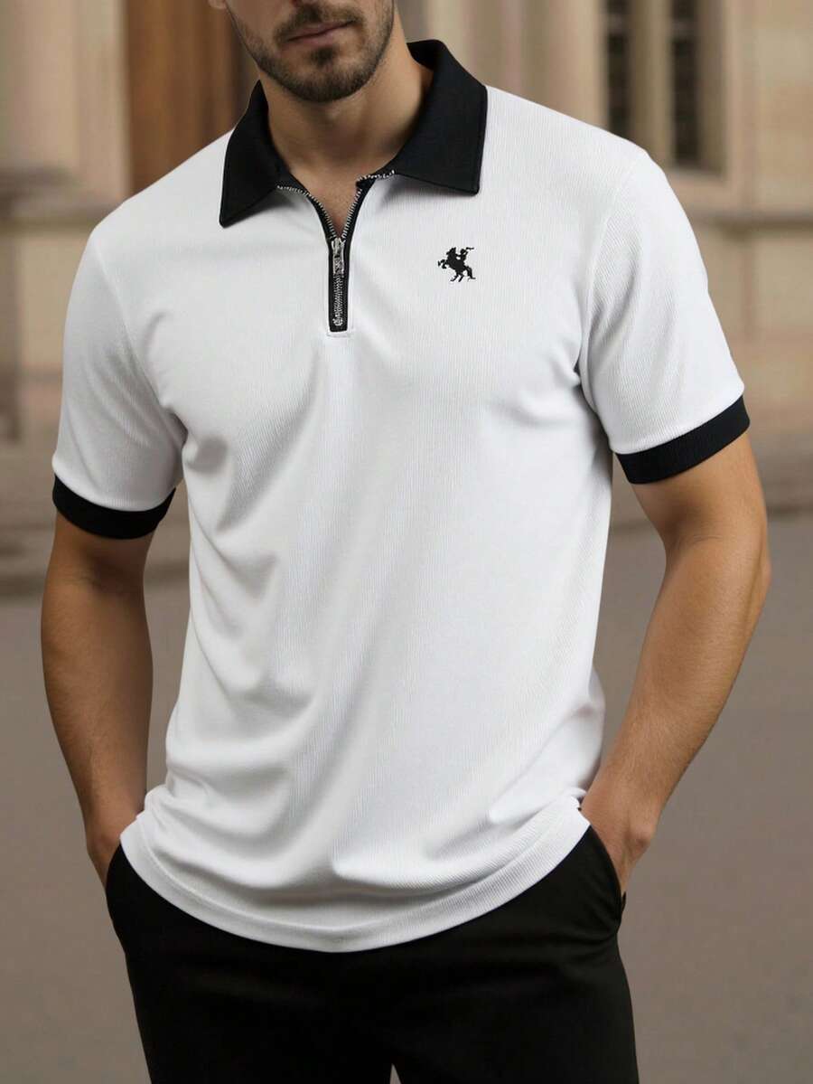 Manfinity VCAY 男士撞色骑士印花短袖休闲通勤 Polo 衫高尔夫球衫男士拉链 Polo 衫白色 Polo 衫男士白色 Polo 衫 - 白色 - 查看 1