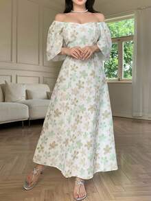 Modelyn Elegant Floral Print & Embroidery Dress, Romantic Holiday Wear - Pastel Green - View 4
