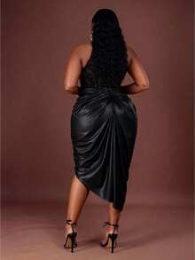 CurvyTilda 大码女式高开衩PU褶皱半身裙，优雅秋季/万圣节/派对裙，婚礼宾客裙，晚宴裙，时尚婚礼派对新款秋季时尚外出正式裙，生日裙，黑色PU皮裙，适合沙漏型身材，夏季穿着 - 黑色 - 查看 3