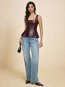 Poéselle Women's Faux Leather Peplum Corset Top,Red Wine Square Neck Bustier Tank,Autumn Chic Night Out Party Vegan Leather Waist Cinched Sleeveless Blouse - Burgundy - View 4