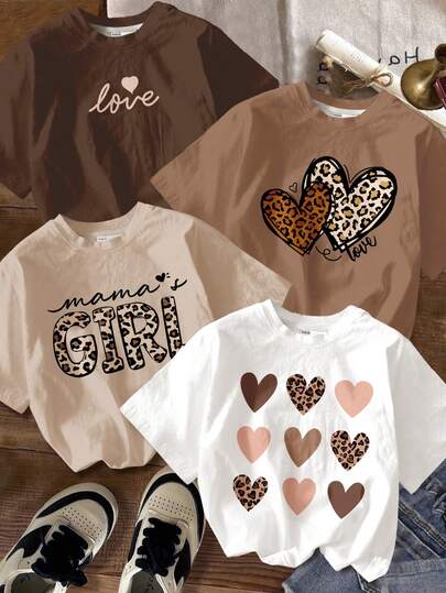 4 piezas de camisetas de manga corta y cuello redondo minimalistas de color blanco crema para niñas preadolescentes con estampados retro de leopardo, corazones y letras, aptas para uso diario en primavera/verano