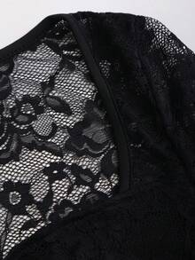 SHEIN Sweetro Women's Lace Sheer Elegant Sexy Tie-Up Bow Bodysuit, Slim Fit Long Sleeve Romper For Party, Spring/Autumn