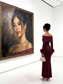 Elenzga 女士纯色简约休闲露肩连衣裙，流苏袖口装饰长款女装 - 酒紅色 - 查看 2