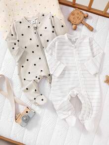Dozy Joy 2件套新生儿长袖连脚连体衣，条纹波点杏色和卡其色拼接，拉链设计，简约时尚休闲可爱立领柔软宽松舒适家居服，适合所有季节 - 卡其色 - 查看 9