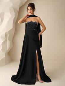 Coutiva Gaun Malam Formal Hitam Elegan Mewah Tanpa Tali dengan Hiasan Ruffle dan Rhinestone, Gaun Berpayet dengan Hiasan di Bagian Dada untuk Pernikahan, Pesta & Acara Dansa - Hitam - View 6