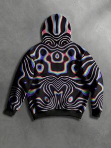Manfinity EMRG Men's Black Autumn Streetwear Holiday Rainbow Ripple Punk Style Colorful Wave Print Pullover Sweatshirt,Visually Artistic All-Over Print Loose Fit - Black - View 2
