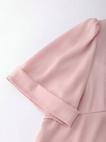 SHEIN Franclia Elegant Women's Pink Puff Sleeve Shirt Casual Regular Length Top With Knot Neck Detail Woven Material - Pink - View 5
