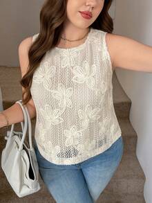 SHEIN LUNE Áo thun thêu khoét rỗng, thường ngày, đa năng, cỡ lớn - Màu be - Xem 8