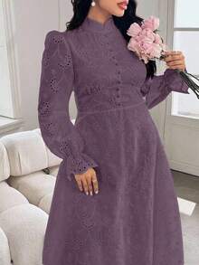 Modelyn Plus Size Women French Style Mandarin Collar Embroidered Puff Sleeve Dress Fall - Purple - View 7