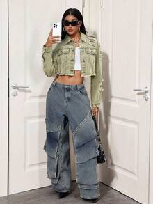 Jeanoix Fashionable Distressed Washed Cropped Denim Jacket - Army Green - View 3