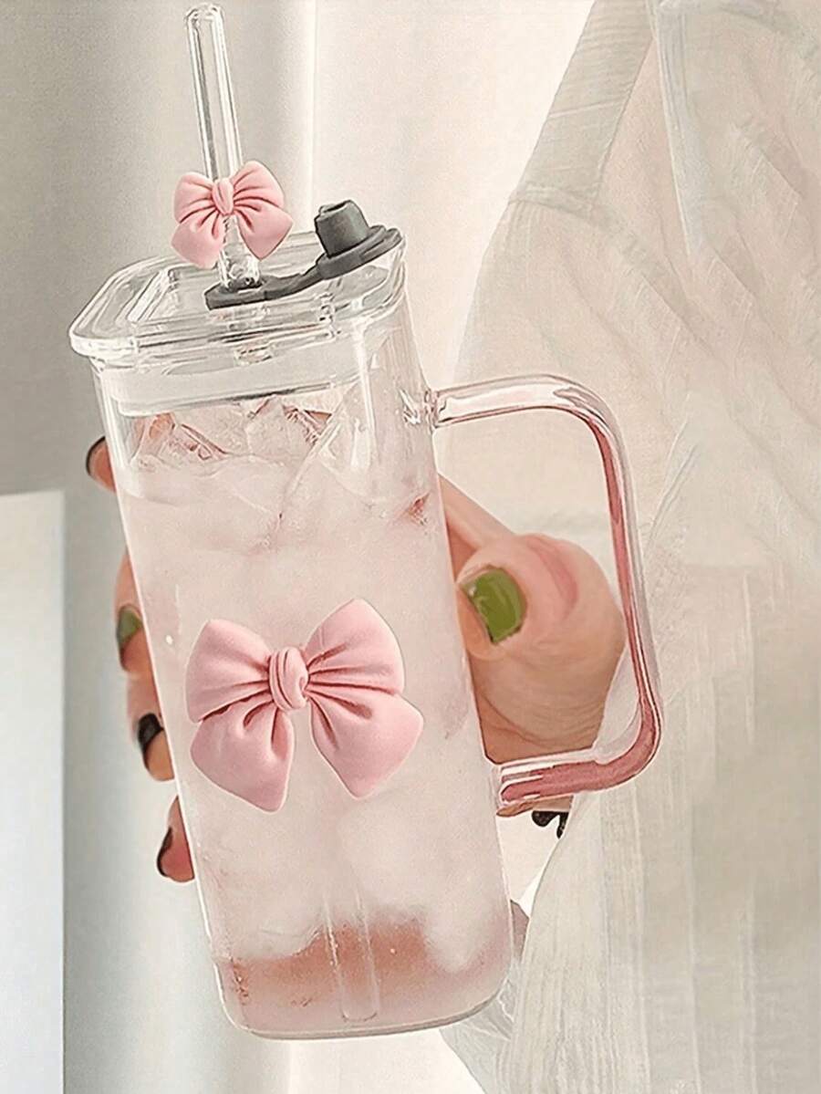 1个方形蝴蝶结玻璃杯，带把手，透明经典马克杯，可作茶杯、果汁杯、咖啡杯、牛奶杯、水杯、水果杯、汤杯，适用于厨房、餐厅、派对、万圣节、户外派对、返校用品 - 彩色 - 查看 1