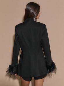 SHEIN BAE High-End Ostrich Feather Cuff Diamond-Studded Women's Blazer, Elegant Party Attire, Sophisticated Party Jacket, Perfect For Festive Occasions, Premium Blazer, Versatile Black Blazer. - Black - View 3