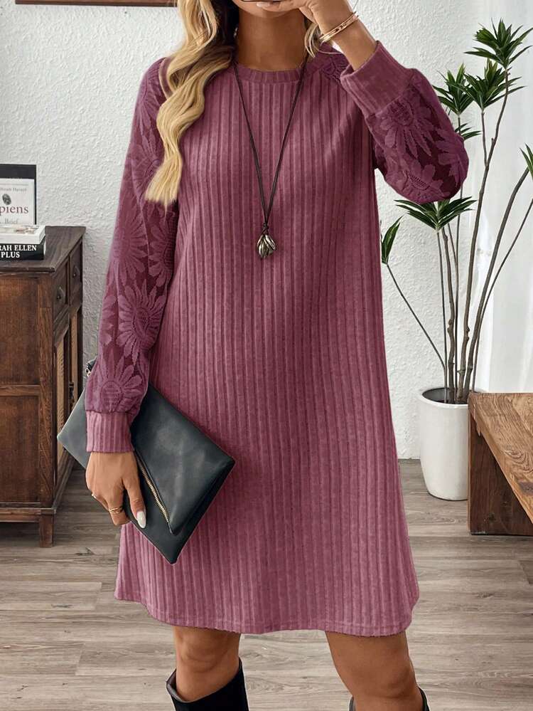 Plus Size Solid Color Round Neck Long Sleeve Ribbed Loose Casual Dress