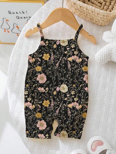 SHEIN LMoss Kids 可爱波西米亚碎花连体衣，适合女宝宝，休闲秋季穿搭，舒适易穿，适合女宝宝秋季叠穿，时尚女宝宝，休闲装，女宝宝图案服装，返校季，秋季服装，返校节，适合居家和叠穿