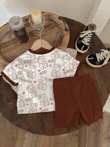 Conjunto informal de camiseta de manga corta con cuello redondo y estampado de fresa, capibara y decoración de lazo, y leggings, adecuado para primavera/verano, ropa de niña bebé, ropa de niña pequeña, conjunto de niña bebé, ropa de niña pequeña, de vuelta al colegio, ropa escolar