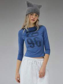 COUREZ Long Sleeve Jersey Top With Front Graphic Print /Y2K Long Sleeve Tops Going Out Tops Women Tops Spring Clothes For Women Blue Top Graphic Tees Women Cute Tops Summer Tops Summer Outfits - Blue - View 1