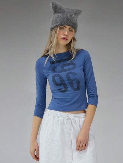 COUREZ Långärmad jerseytopp med grafiskt tryck framtill / Y2K-toppar Långärmade toppar Toppar för fest Dam Toppar Vinterkläder för kvinnor Blå topp Grafiska t-shirts Dam Söta toppar Sommartoppar Sommaroutfits