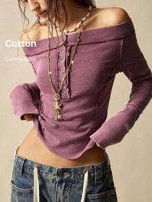 Bohemela Áo thun tay dài dệt kim màu trơn đơn giản dành cho nữ - Màu đỏ tím - Xem 9