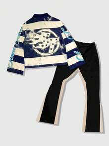 ROMWE MEN Street Life 2-częściowy męski zestaw casualowy z koszulą i spodniami zapinanymi na guziki - Wielokolorowe - Zobacz 2