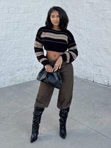 Alexandranx Women Crew Neck Long Sleeve Stripe Simple Short Casual Pullover Sweater,Long Sleeve Tops Knit Pullover Fall Winter Outfit - Black - View 6