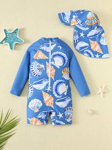 SHEIN Unisex Baby 2pcs/Set Blue Summer Cute Vacation Holiday Shell & Seafood Pattern Long Sleeve Rash Guard Sun Hat Swimsuit Set,Beach Surfing Swimwear - Dusty Blue - View 2