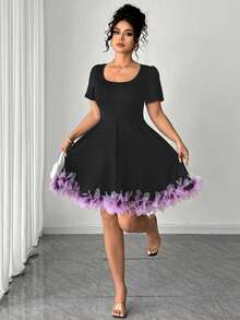 Elenzga 大码女式优雅圆领短袖碎花迷你连衣裙，休闲日常穿着 - 黑色 - 查看 1