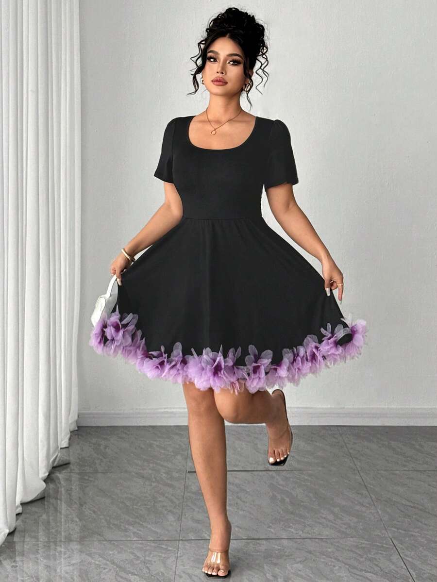 Elenzga 大码女式优雅圆领短袖碎花迷你连衣裙，休闲日常穿着 - 黑色 - 查看 1