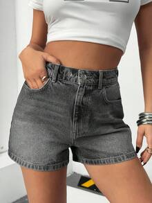 Quần short denim nữ cạp cao có túi, kiểu dáng thường ngày, đa năng. - Màu Xám nhạt - Xem 3