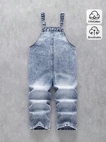 男童牛仔背带裤和连体裤，新款休闲时尚酷炫小熊印花水洗牛仔连体裤，适合4岁男孩