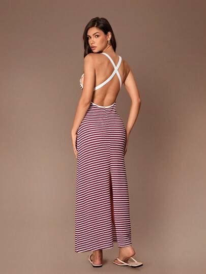 Lazeform Women's Casual Striped Jacquard Backless Spaghetti Strap Dress, Summer, Sexy High Slit Design, Suitable For Outerwear